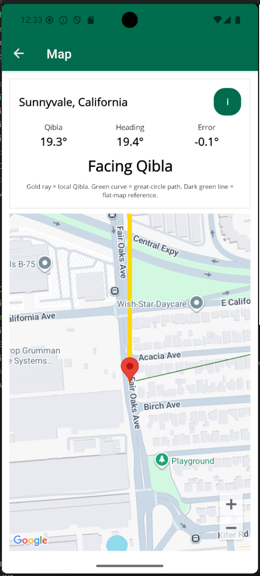 Qibla map screen