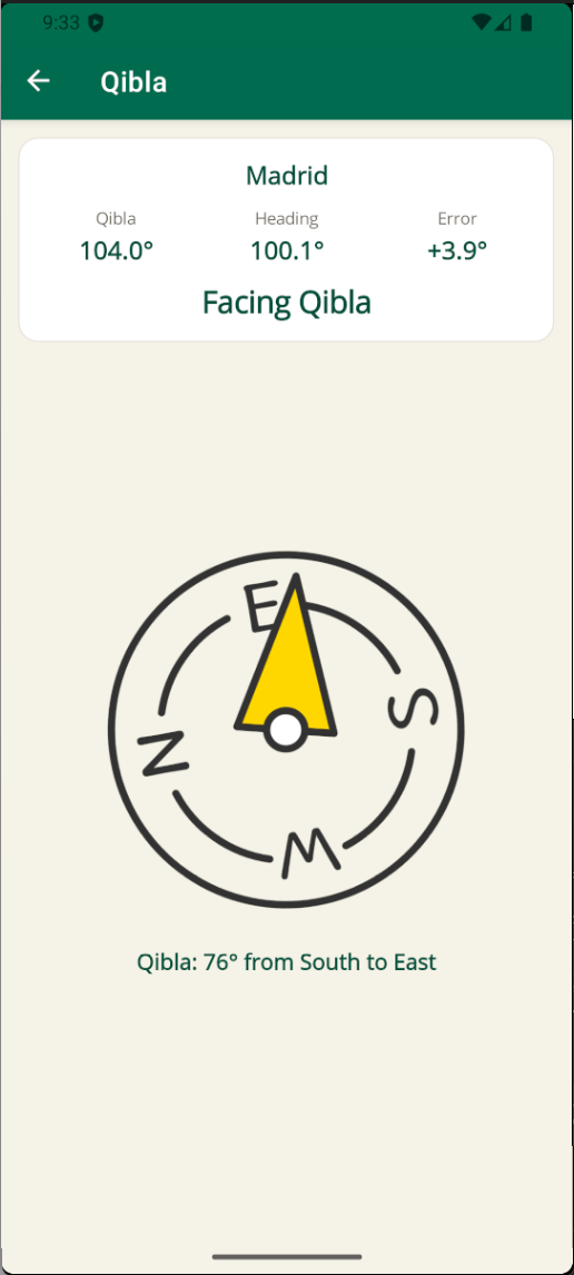 Qibla direction screen